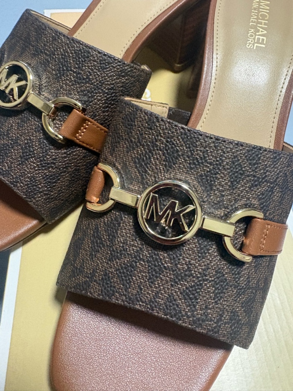 Michael Kors-  Brown Logo Mule Slides with Gold-Tone MK Hardware - Picture 5 of 11
